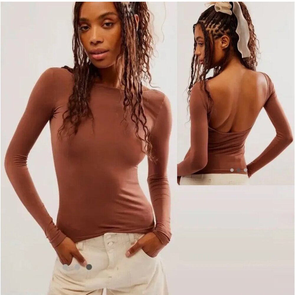 NWOT Free People Low Back Seamless Long Sleeve Top SZ-M/L Chocolate Brown